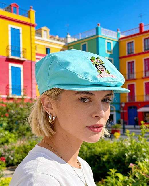 Woman wearing a modern Sicilian flat cap by Le Siciliane, a traditional hat with contemporary design