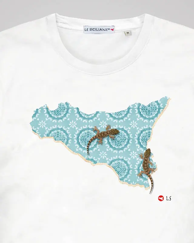 maglietta sicilia gechi le siciliane uomo Maglietta Sicilia Gechi Island con maioliche - t-shirt sicula del brand Le Siciliane