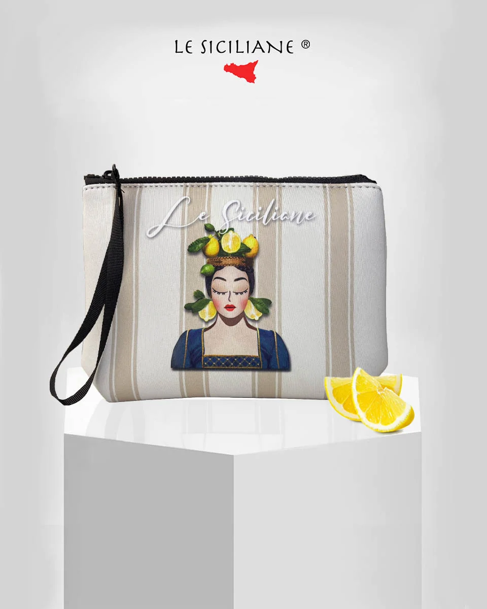 pochette le siciliane limoni beige Pochette siciliana Le Siciliane in neoprene con testa di moro e colore beige, design italiano.