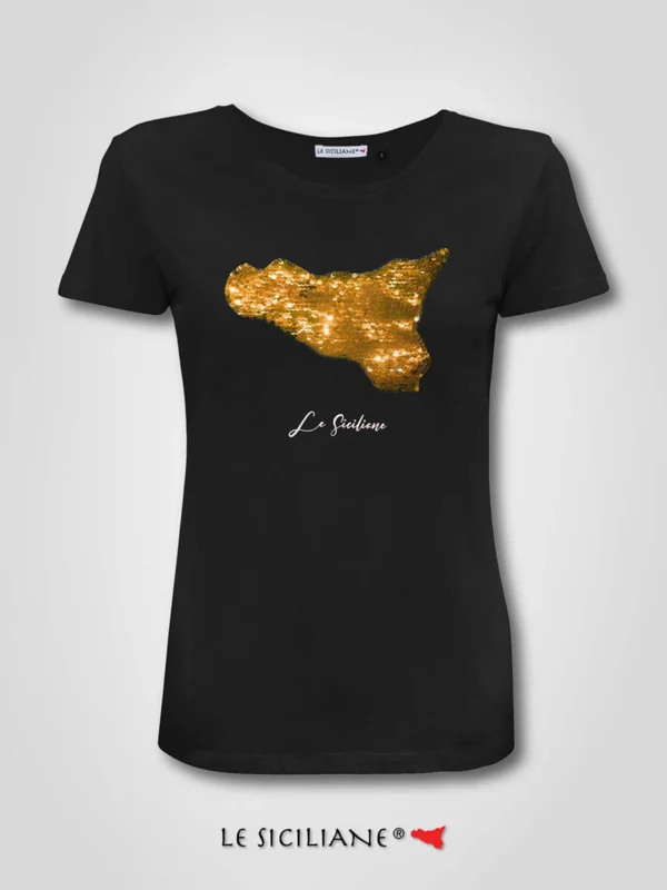 Le Siciliane - t-shirt Sicilia con paillettes dorate - maglietta sicula del brand Le Siciliane
