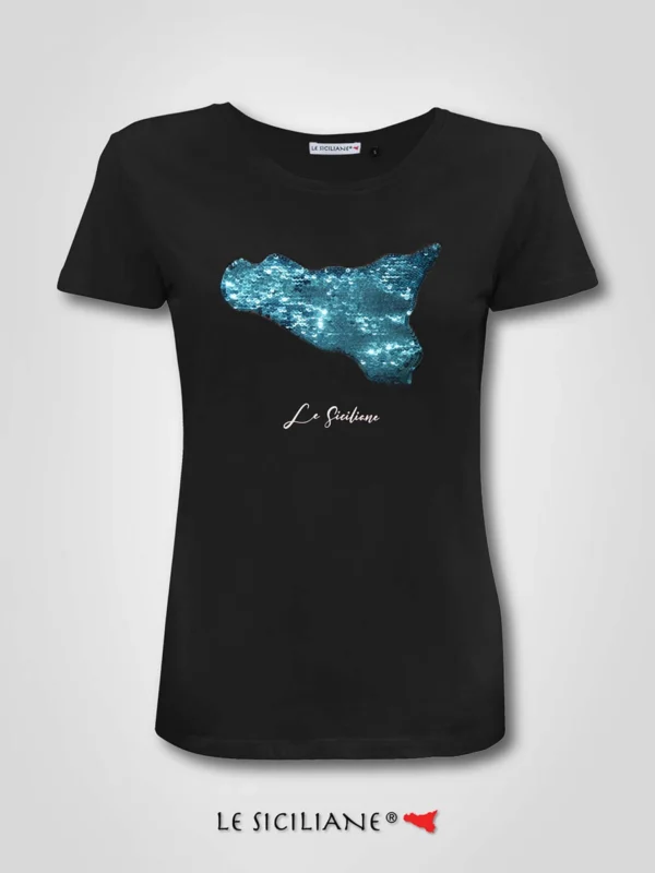 Le Siciliane - t-shirt Sicilia con paillettes turchese - maglietta Sicula nera