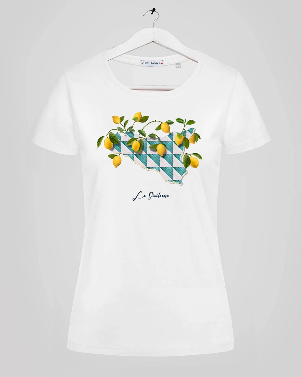 t shirt sicilian island lemon green T-shirt Limoni di Sicilia - maglietta con maioliche tipiche - Le Siciliane - Brand italiano