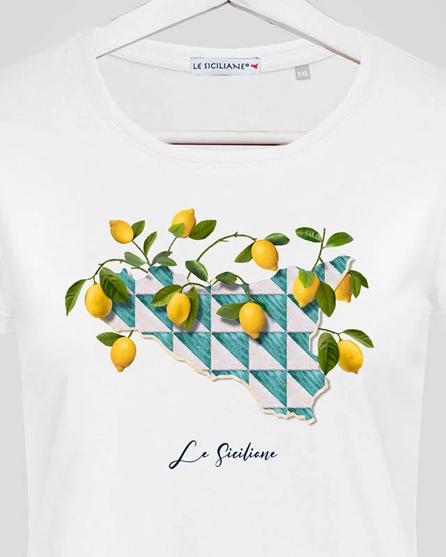 t shirt sicilian island verde crop Sicily island original t-shirt by Le Siciliane - brand italiano. Maglietta con maioliche siciliane